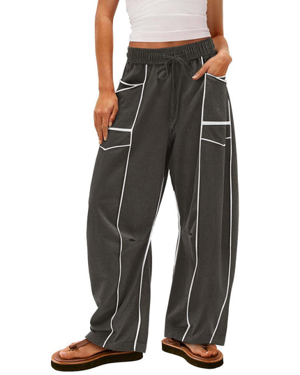 Y2K Black Striped Wide-leg Pants With Pockets Fashion Loose Drawstring Trousers Sports Sweatpants Women's Clothing