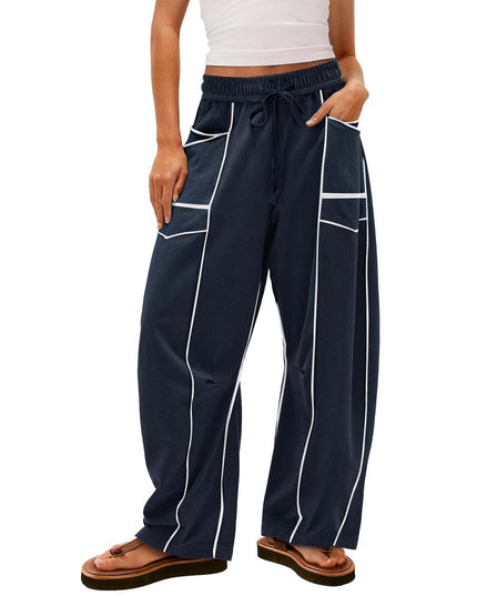 Y2K Black Striped Wide-leg Pants With Pockets Fashion Loose Drawstring Trousers Sports Sweatpants Women's Clothing