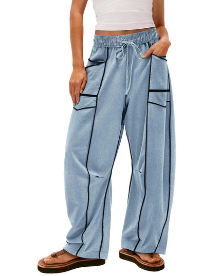 Y2K Black Striped Wide-leg Pants With Pockets Fashion Loose Drawstring Trousers Sports Sweatpants Women's Clothing