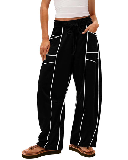 Y2K Black Striped Wide-leg Pants With Pockets Fashion Loose Drawstring Trousers Sports Sweatpants Women's Clothing